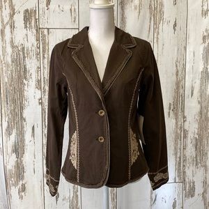 Love Stitch Brown Boho Jean Jacket with Tan Embroidery Detailing Size Lg.